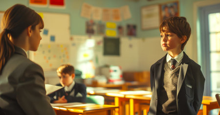 A sad boy in a suit and tie is talking to a teacher in the classroom. He messed up and now the teacher is expressing his displeasure to him. Back to school.の素材