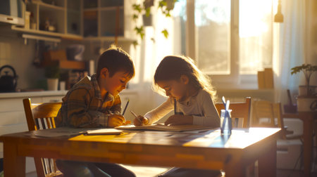 Two children are sitting at a table doing school homework. Young schoolchildren are learning lessons. Brother and sister are painting together at the table.の素材