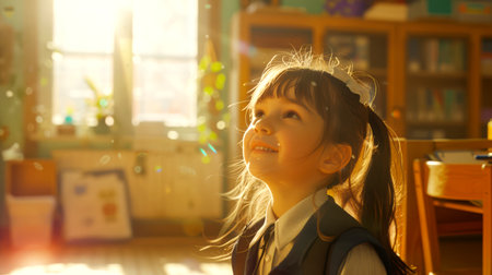 A schoolgirl in the classroom in the sunlight. A young girl in a school uniform is sitting in a classroom with her head thrown back and looking dreamily up. She smiles and enjoys the viewの素材