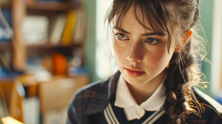 Bullying and abuse at school. A close-up of a candid portrait of a worried sad teenage girl in a school uniform with brown hair and in a blue and white school uniform.の素材