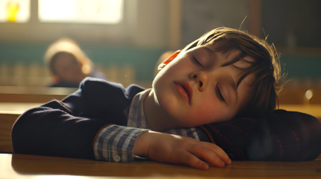 A tired student in a school uniform fell asleep in class. The boy is sleeping on the desk. The concept of a heavy load on young students.の素材