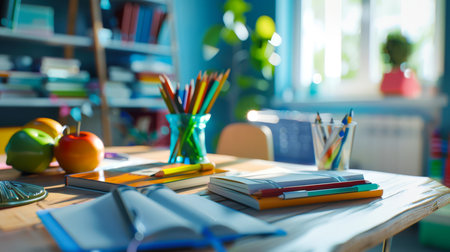 View of the desk with apples, pencils, notebooks and other school supplies. A student's room. Back to school.の素材