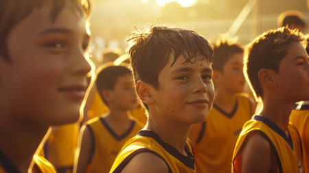 The concept of sports school events. The school football team at the competition. A group of young people are standing nearby, they are wearing yellow T-shirts. The students are smiling and happy to play for their teamの素材