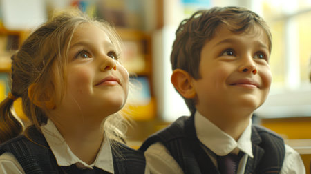 Two small schoolchildren are smiling and looking up at the teacher. They are dressed in school uniforms and are in the classroom. The concept of school educationの素材