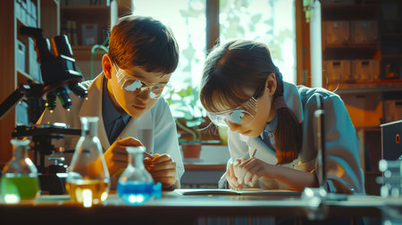 Two children in lab coats and safety glasses are conducting chemistry experiments in the school laboratory. The table is littered with various flasks of liquids, a microscope and notebooks. Back to schoolの素材