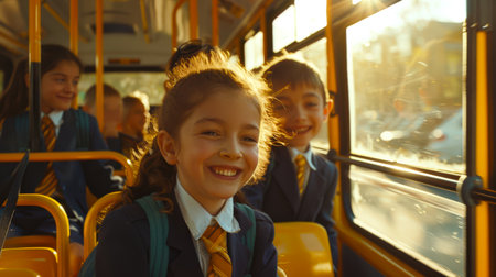 Transportation of children to school. A group of schoolchildren in school uniforms rides a yellow bus, smiling and laughing. The scene is hilarious. Back to schoolの素材