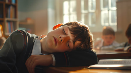 A tired student fell asleep in the classroom. The boy is wearing a sweater and lying on his desk. The concept of a very difficult school curriculum. There are other children in the room, some of them readingの素材