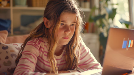 Home schooling. The girl is sitting on the bed with a laptop in front of her. The schoolgirl looks at the screen with a frown on her face. She studies online. Back to schoolの素材