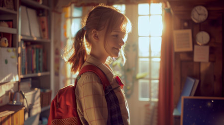 A little girl with a red backpack is standing in the room and getting ready to go to school. A schoolgirl in a school uniform stands in the sunlight. Back to schoolの素材