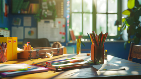 The student's desk. Back to school. A view of a wooden table with a bunch of colored pencils, pens, notebooks and other school supplies.の素材