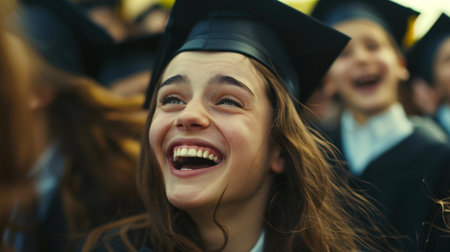A college graduate in a graduation hat and dress is smiling and laughing. The schoolgirl is surrounded by other graduates who celebrate graduation. Close-upの素材