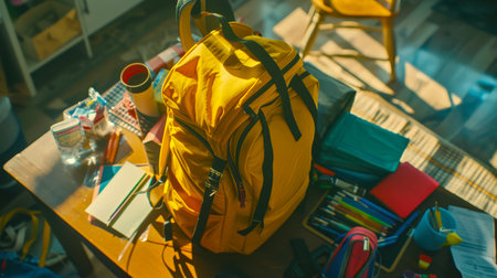School supplies on the student's desk. Office supplies. Back to school. There is a yellow backpack on a wooden table, with various objects scattered around it.の素材