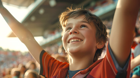 A little fan at a sports stadium. A happy schoolboy smiles and raises his hands up, as his favorite school team scored a goal. He is wearing a red shirt and is surrounded by a crowd of people. The scene is joyful and festiveの素材
