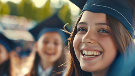 Portrait of a cheerful student. A happy teenage girl in a blue beanie and a graduate dress is smiling and glad to graduate from school. She is surrounded by other girls in similar outfitsの素材