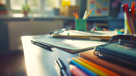 The student's desk. School supplies. Back to school. A desk with lots of pens, pencils and notebooks. The table is littered with various writing materials and notebooksの素材