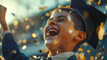 The concept of growing from elementary school. A young man in a graduation cap and robes throws confetti into the air. The student is smiling, he is happy and proud of his school achievementの素材