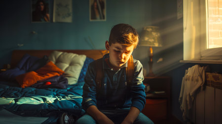A victim of bullying and abuse at school. An unhappy and sad schoolboy with a backpack on his back is sitting on the bed with his head down. He doesn't want to go to school.の素材