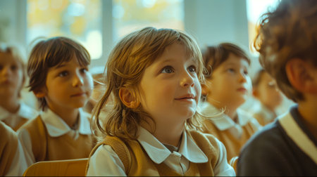 A group of children in school uniforms are sitting in a school classroom. The boy listens enthusiastically to the teacher. Curiosity and attentiveness are shown in this scene, as all the children's attention is focused on the teacher or the cameraの素材