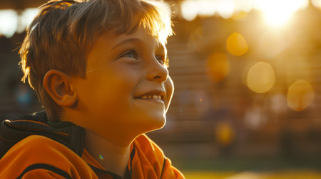 Close-up candid portrait of a little boy smiling and looking at the sun. A schoolboy football player on the field. The concept of sports school competitionsの素材