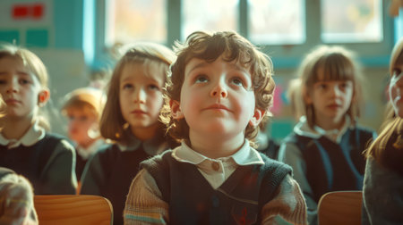 Students look up to the teacher. A group of children is sitting in a school classroom in class. The scene is full of curiosity and surprise, as the child seems to be thinking about somethingの素材
