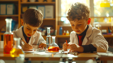Students conduct chemistry experiments in the school laboratory. Two young boys in white lab coats write down the results of the experiment in their notebooks. They are working on their projectの素材