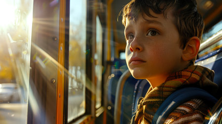 A boy is sitting on a school bus with a backpack on his back in the sun. A candid portrait of a sad schoolboy. The concept of bullying and abuse at school. Social problems at school.の素材