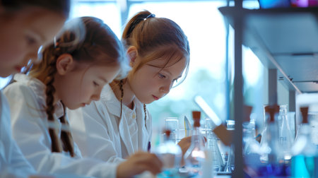 A group of young schoolgirls are in a scientific laboratory and are examining various beakers and test tubes. They are wearing white lab coats and conducting experiments in chemistry. The scene is full of curiosity and explorationの素材