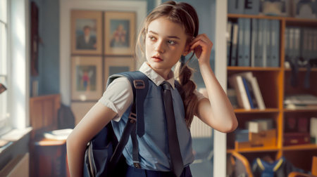 A schoolgirl is in a hurry to go to class. A young girl in a blue school uniform and with a blue backpack is standing in her room and going to school. Back to school.の素材