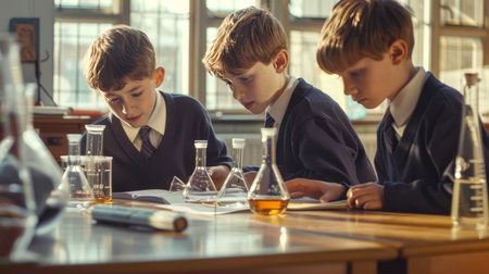 Three students in school uniforms at a chemistry lesson. They are sitting at a table in the school laboratory. They are looking at a book and seem to be studying something. The scene is focused and seriousの素材