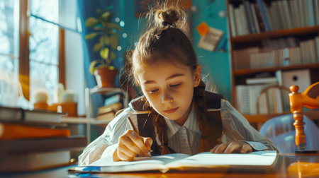 A schoolgirl is doing her math homework. A young girl is sitting at a desk and writing something in a notebook. The room is filled with books and potted plants. Back to schoolの素材