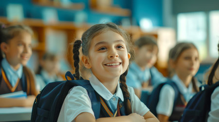 A girl with pigtails is smiling in a school classroom with other students. The student is wearing a backpack and a white shirt. Back to school.の素材