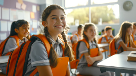 A group of happy schoolgirls with orange backpacks. A group of children is sitting in a classroom, one girl is smiling and holding a notebook in her hands. The scene is fun and positive, as the children seem to be enjoying their time at schoolの素材
