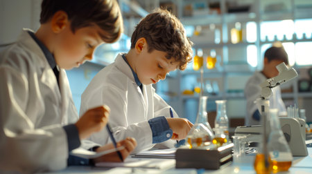 Students in white lab coats conduct experiments in chemistry. Three young people are in a scientific laboratory and are working on a project. The laboratory is filled with various scientific equipment and materialsの素材