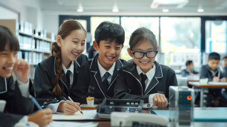 An Asian student in a smart school classroom. A group of children are smiling and laughing while sitting at a table. They are dressed in school uniforms and seem to be enjoying their time together.の素材