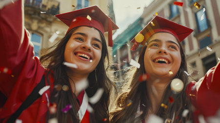 Graduation from school. Two women in red graduation robes and graduation caps smile and throw confetti in the air. The concept of happiness, joy and celebrationの素材