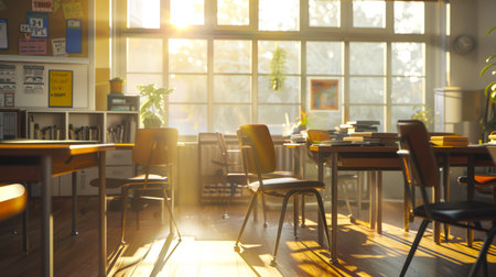 Back to school. The interior of the school office. A classroom with lots of chairs and desks. Sunlight penetrates through the windows, creating an atmosphere of warmth and comfort in the roomの素材