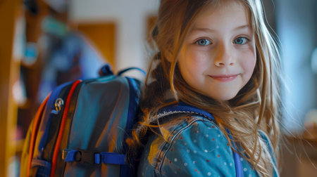 Close-up candid portrait of a young schoolgirl smiling while getting ready for school. The girl is standing with a backpack on her back. Back to school.の素材