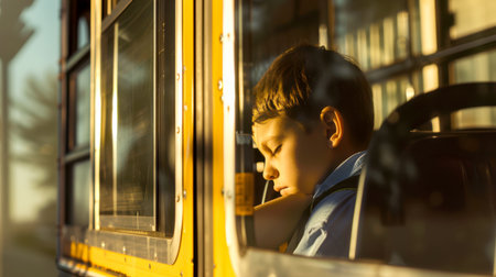 A tired student is riding home on a school bus. The boy fell asleep on the school bus with his head down. Abuse and bullying at school. Social problems of a studentの素材