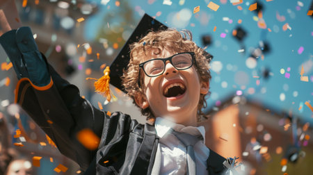 Primary school graduation celebration. A happy young man in a graduation gown throws confetti into the air. The student is smiling and happy about his successの素材