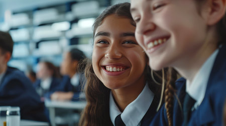 Two interracial female students smile in class. Girls in school uniforms communicate in class. Back to school. The importance of schoolingの素材