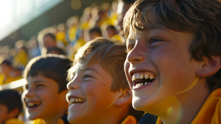 A close-up of a candid portrait of a group of the school football team. Young students smile and laugh together. The scene is cheerful and cheerful. The concept of school sports competitionsの素材