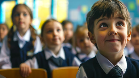 A candid portrait of a funny little schoolboy against the background of his classmates. A group of children is sitting in a classroom and everyone is looking at the teacher. Back to school. The scene is full of curiosity and surpriseの素材