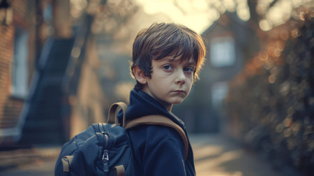A candid portrait of a sad, scared, lonely schoolboy, a victim of abuse and bullying at school. A little boy with a backpack on his shoulders goes to school.の素材