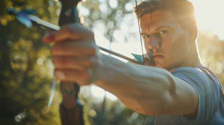 Archery. International sports competitions. A focused, confident, athletic man holds a bow and arrow and takes aim to shoot. A sports concept. A sunny summer dayの素材