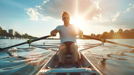 A man in a white T-shirt and black shorts is rowing on the lake. The sun is shining brightly, creating a warm and inviting atmosphere. A man enjoys relaxing on the waterの素材