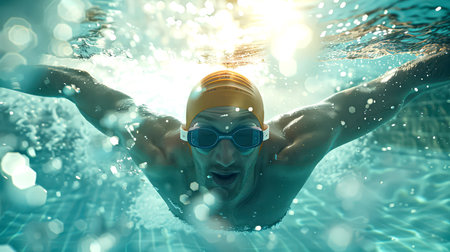An athletic man is swimming in the pool. He's wearing goggles and a swimming cap. Swimming training. An Olympic sport. Active lifestyleの素材