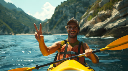 A man in an orange life jacket kayaks on the lake. He smiles and raises his hand in a sign of peace. A sports competition in kayaking and canoeing.の素材