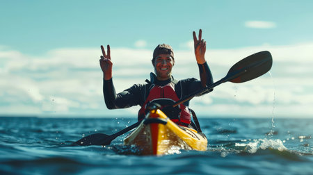 A happy man in a black wetsuit is sailing on a yellow kayak in the ocean. He smiles and makes peace signs with his hands. Canoeing and kayaking. Rowing slalom. A sports competition.の素材