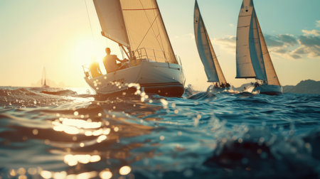 An international sailing competition on a sunny summer day in open water. Several sailboats are racing across the ocean, illuminated by the sun. A sports concept. The water is choppy and the sailboats are moving fast.の素材