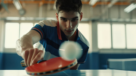 The Table Tennis Championship. A young man is playing table tennis and is about to hit the ball with a racket. The scene is energetic and competitive. The concept of an active lifestyle.の素材